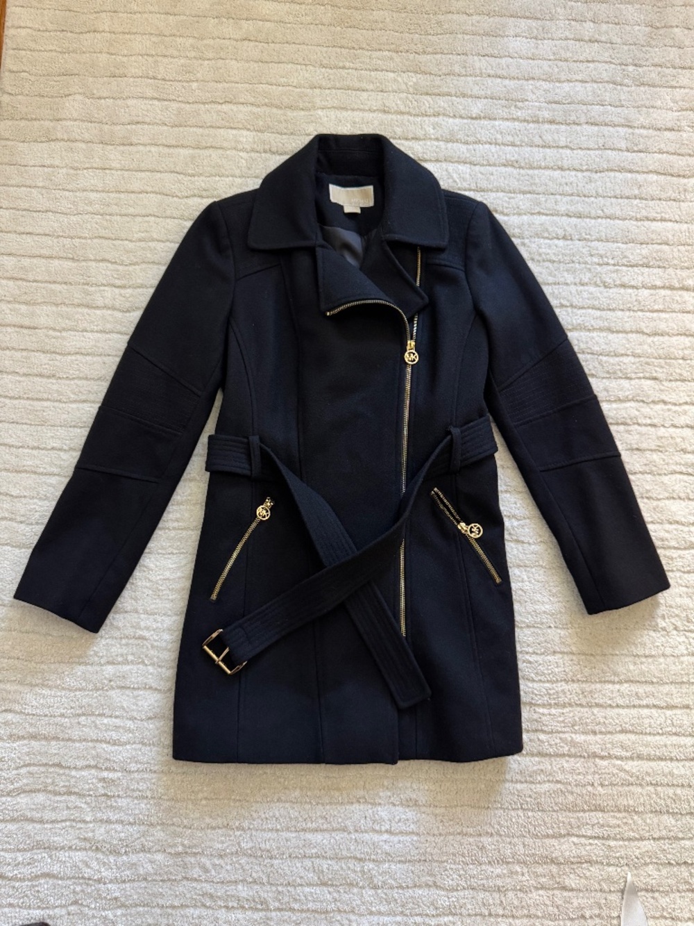 Michael Kors Petite Asymmetrical Zip Belted Coat, Size PXS, Black